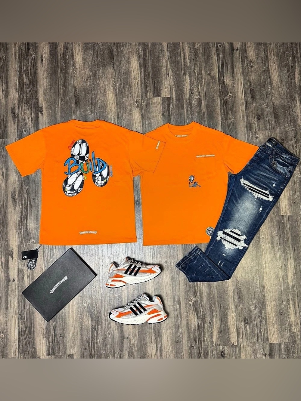 Chrome Hearts x Matty Boy Link & Build Orange T-Shirt, Adidas Jellyfish, Amiri J